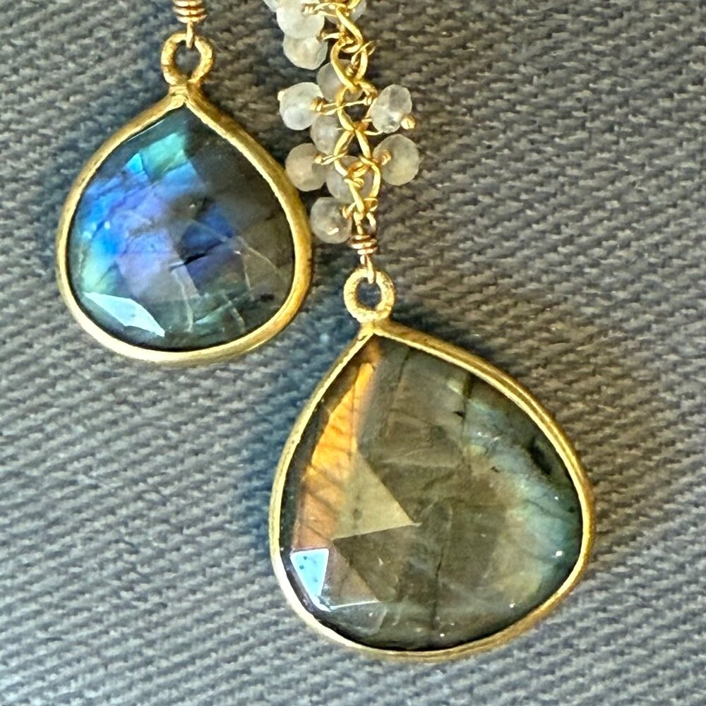 Boho Set: Leather moonstone labradorite lariat necklace 40" w/ drop earring NWOT - Picture 2 of 5
